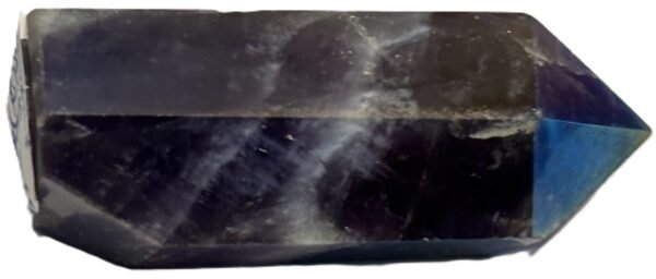 Standing rainbow amethyst aura polished crystal point 12 sians emporium Polished rainbow amethyst aura quartz generator point showing iridescent green violet and gold metallic sheen over natural chevron banding